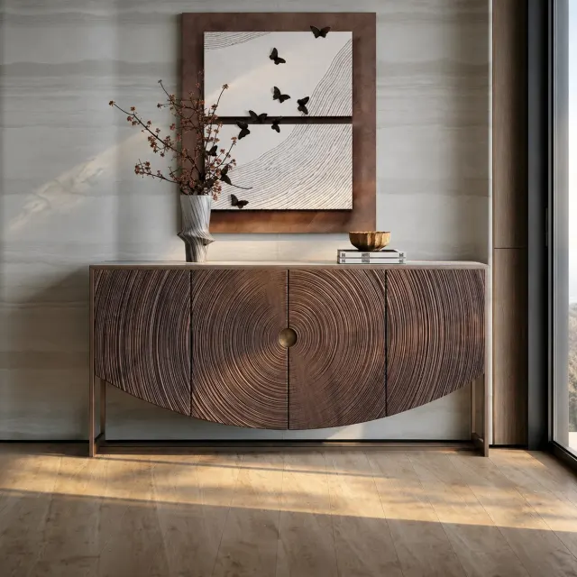 Mid‑Century Carved Tree‑Ring Sideboard