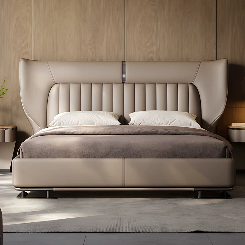 Leather Upholstered Bed with Thin Headboard